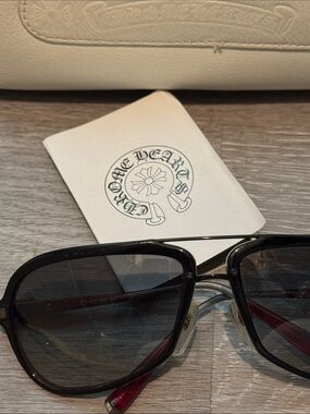 Chrome Hearts Black Sunglasses with Gradient Lenses and Dark Red Temples